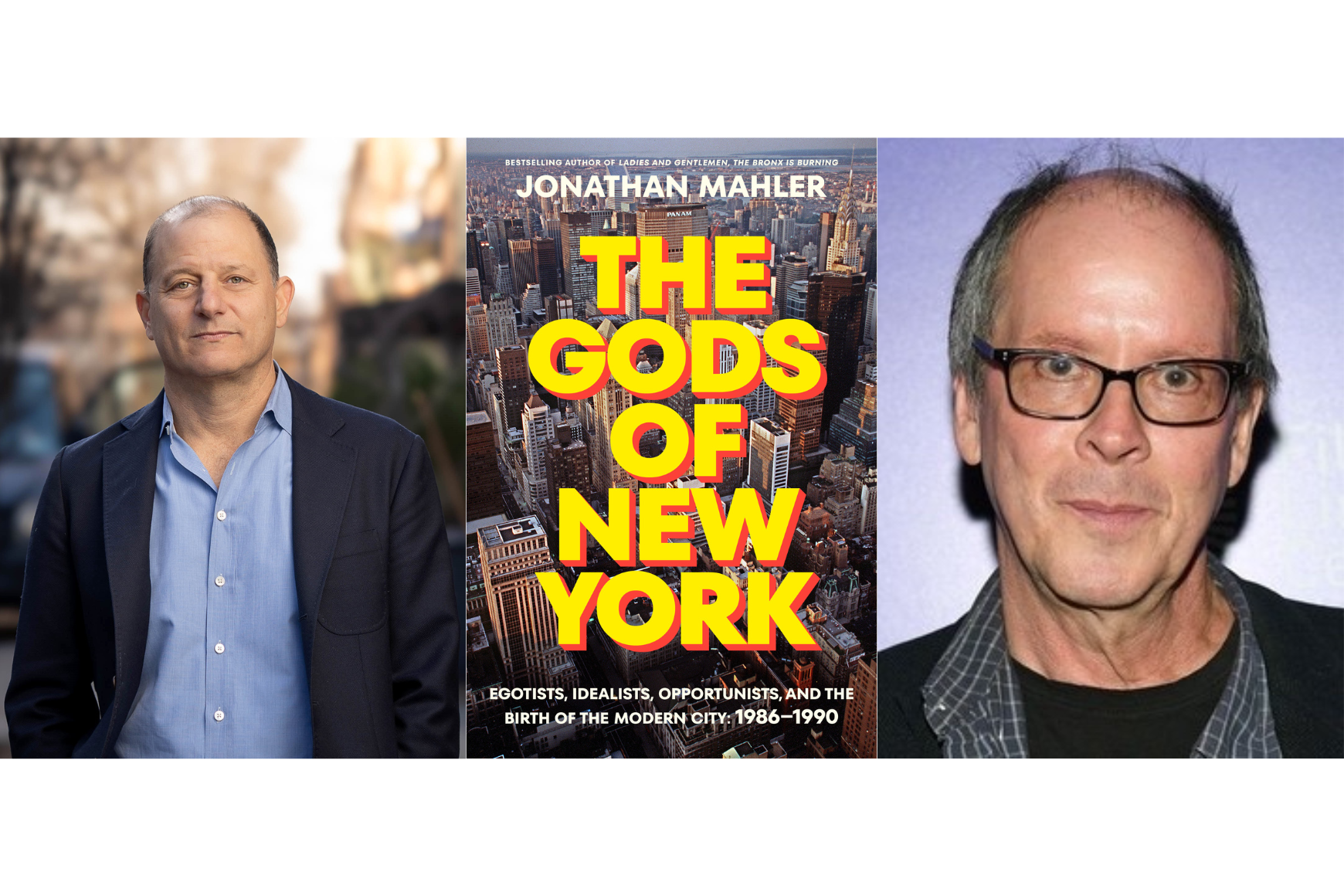 Two men with the book cover of The Gods of New York in large bold font